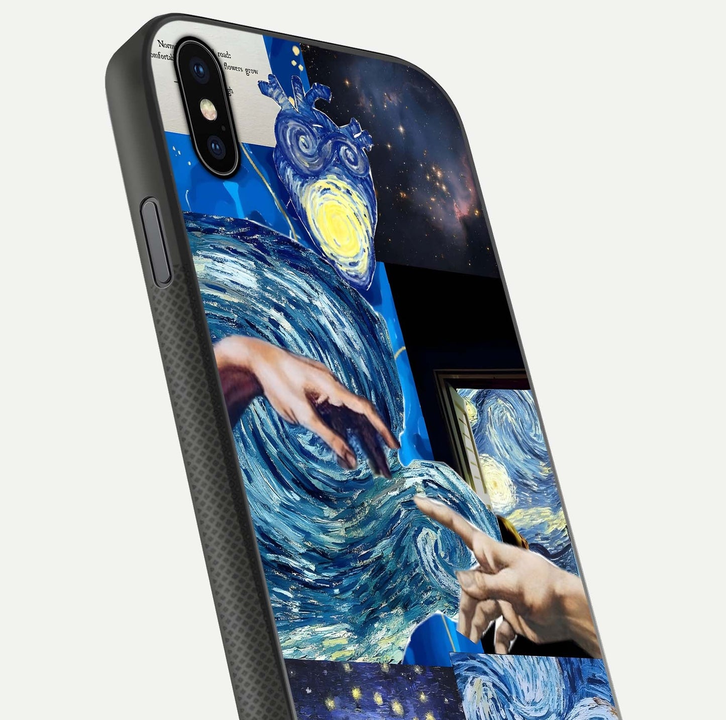 Aesthetic Vando Hands Glass Case for iPhone 16 Pro close-up angle showing fine detailing of hand artwork and glass reflection