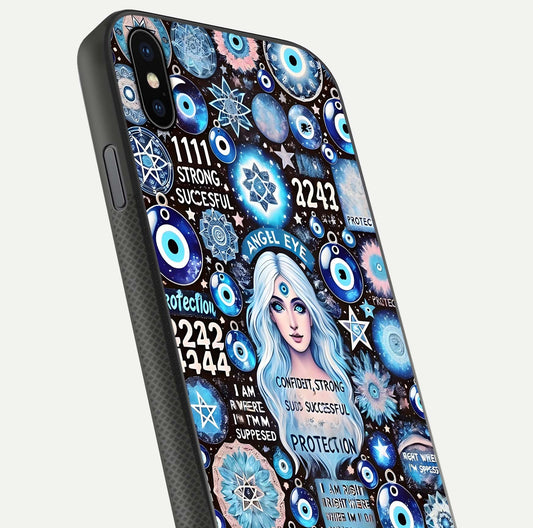 Angel Aura Shield Glass Case for iPhone Xs close-up view capturing aura glow, metallic tones, and shine texture
