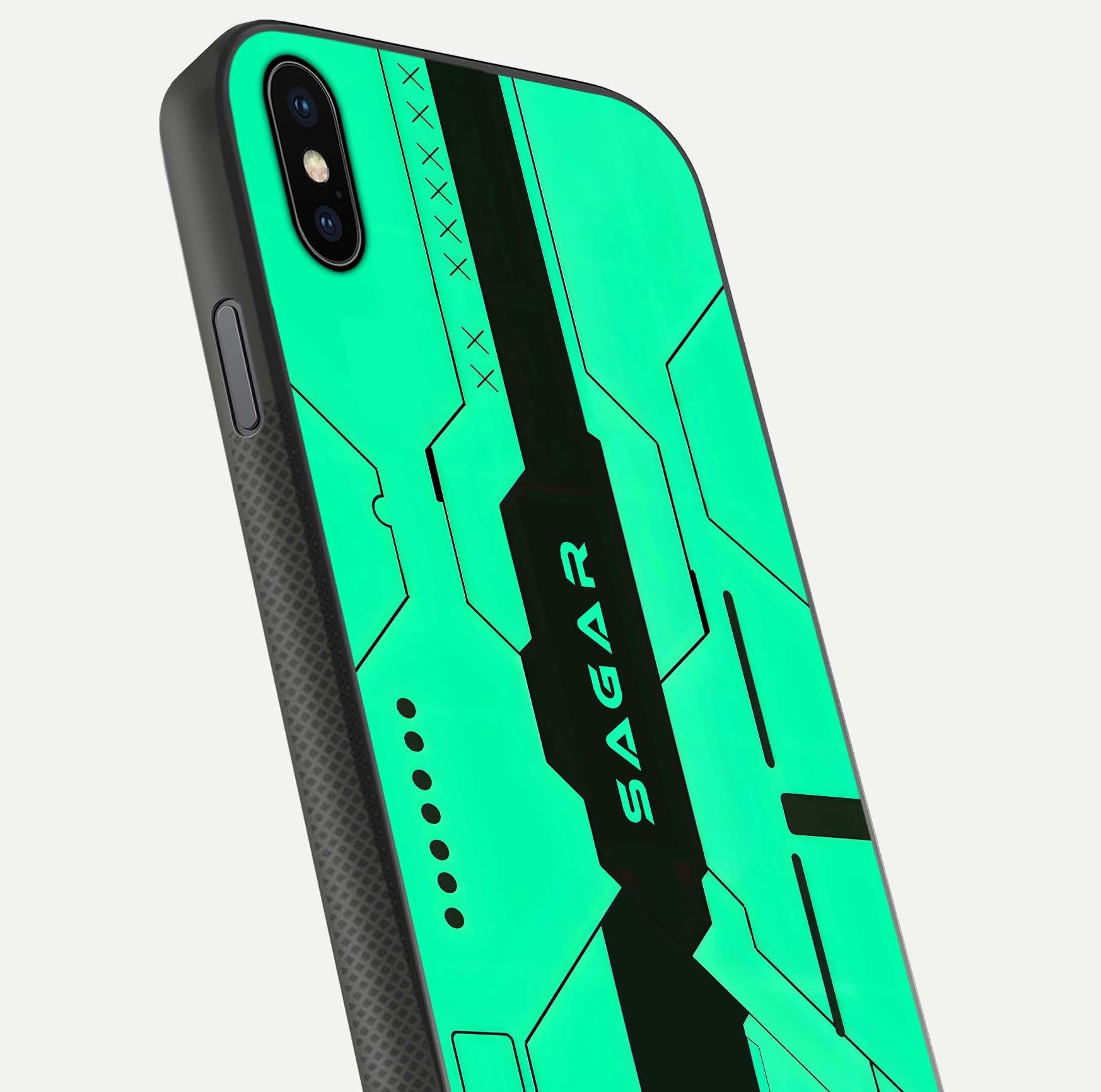 Aqua Tech CYBERPUNK Custom Name Glass Case for iPhone 16 Pro close-up angle showing futuristic blue lights and reflections