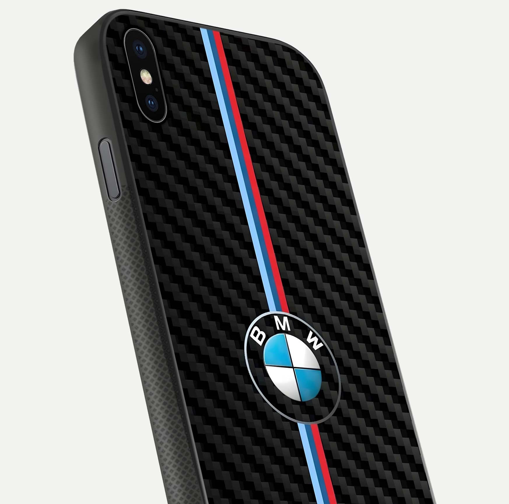 BMW Pattern Glass Case for iPhone Xs close-up angle showing BMW logo detailing and high-reflect gloss texture