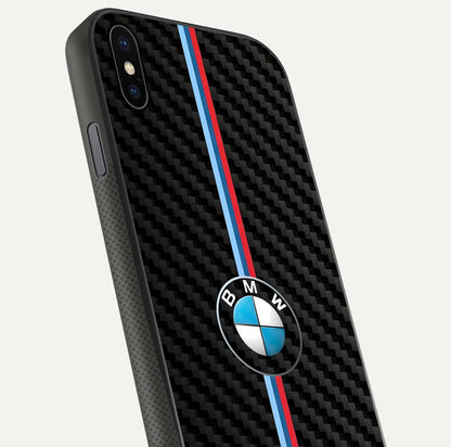 BMW Pattern Glass Case for iPhone Xs close-up angle showing BMW logo detailing and high-reflect gloss texture