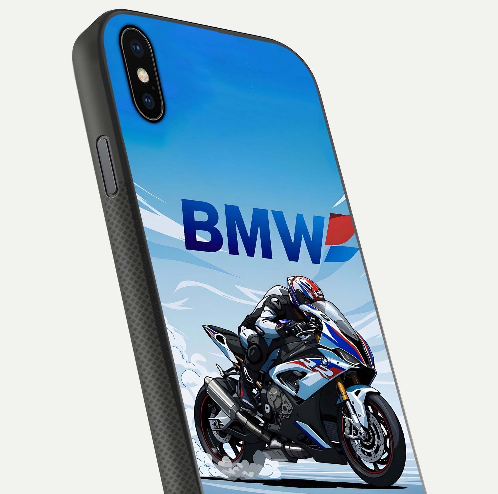BMW Power Drift Glass Case for iPhone Xs close-up view highlighting motion streaks and gloss shine
