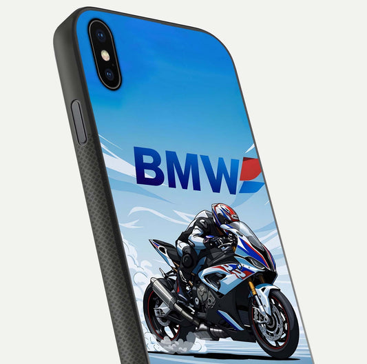 BMW Power Drift Glass Case for iPhone Xs close-up view highlighting motion streaks and gloss shine