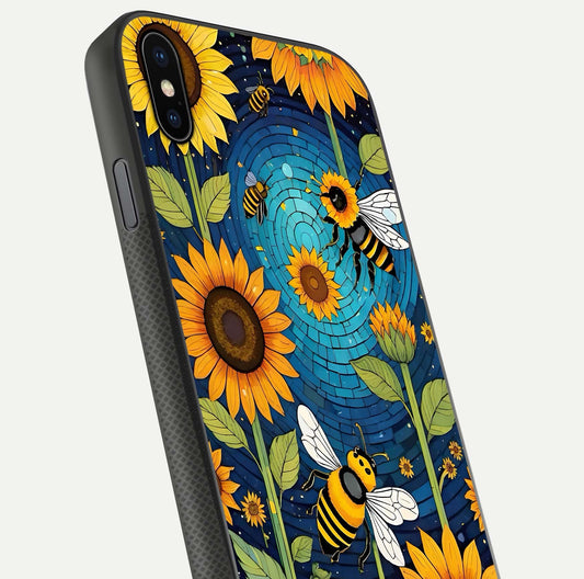 Bees & Sunflowers Glass Case for iPhone Xs close-up angled shot showing detailed petals, bee prints, and glass reflection