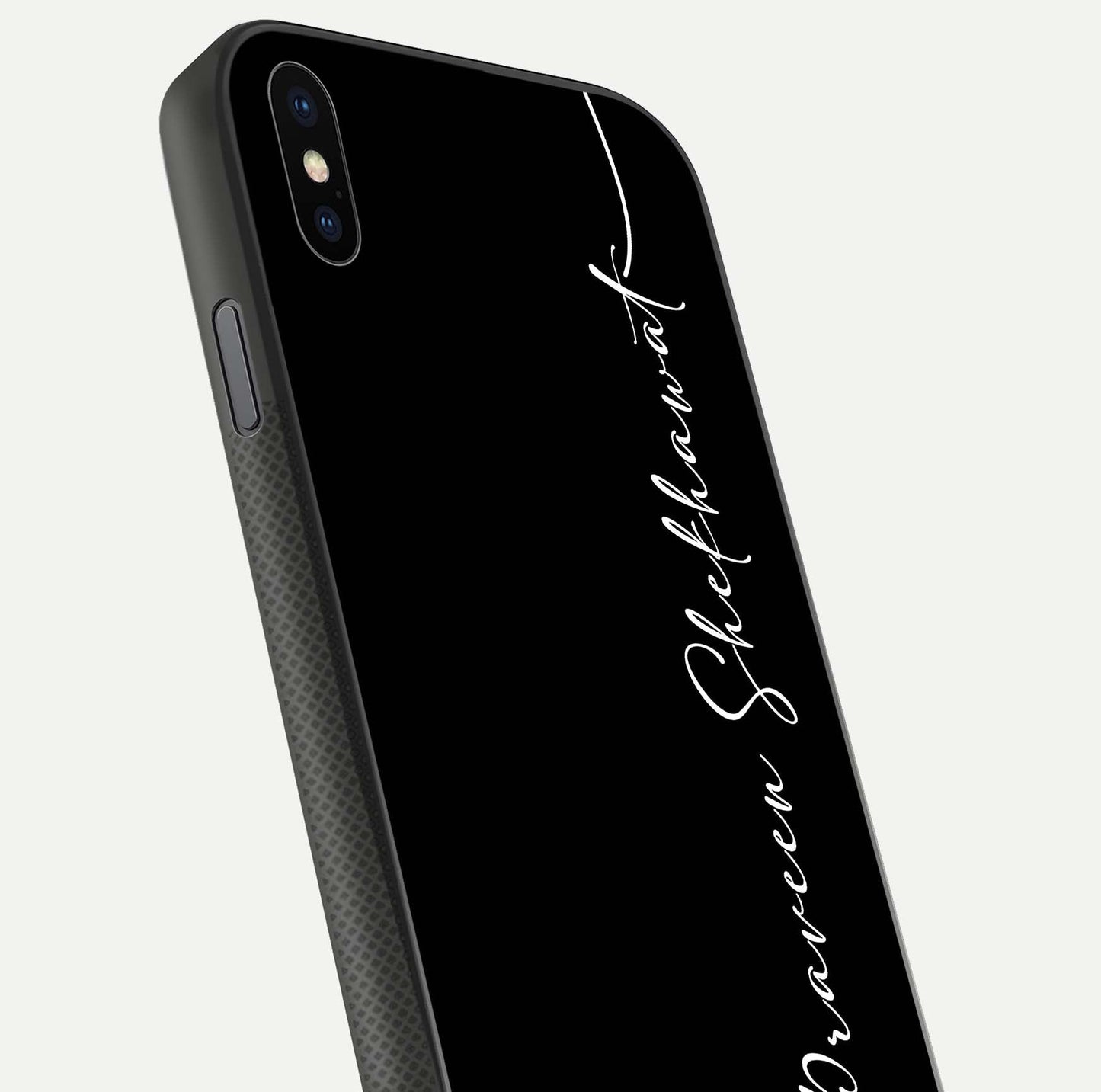 Black Tune Custom Name Glass Case for iPhone 16 Pro close-up shot highlighting sleek monochrome design and reflection