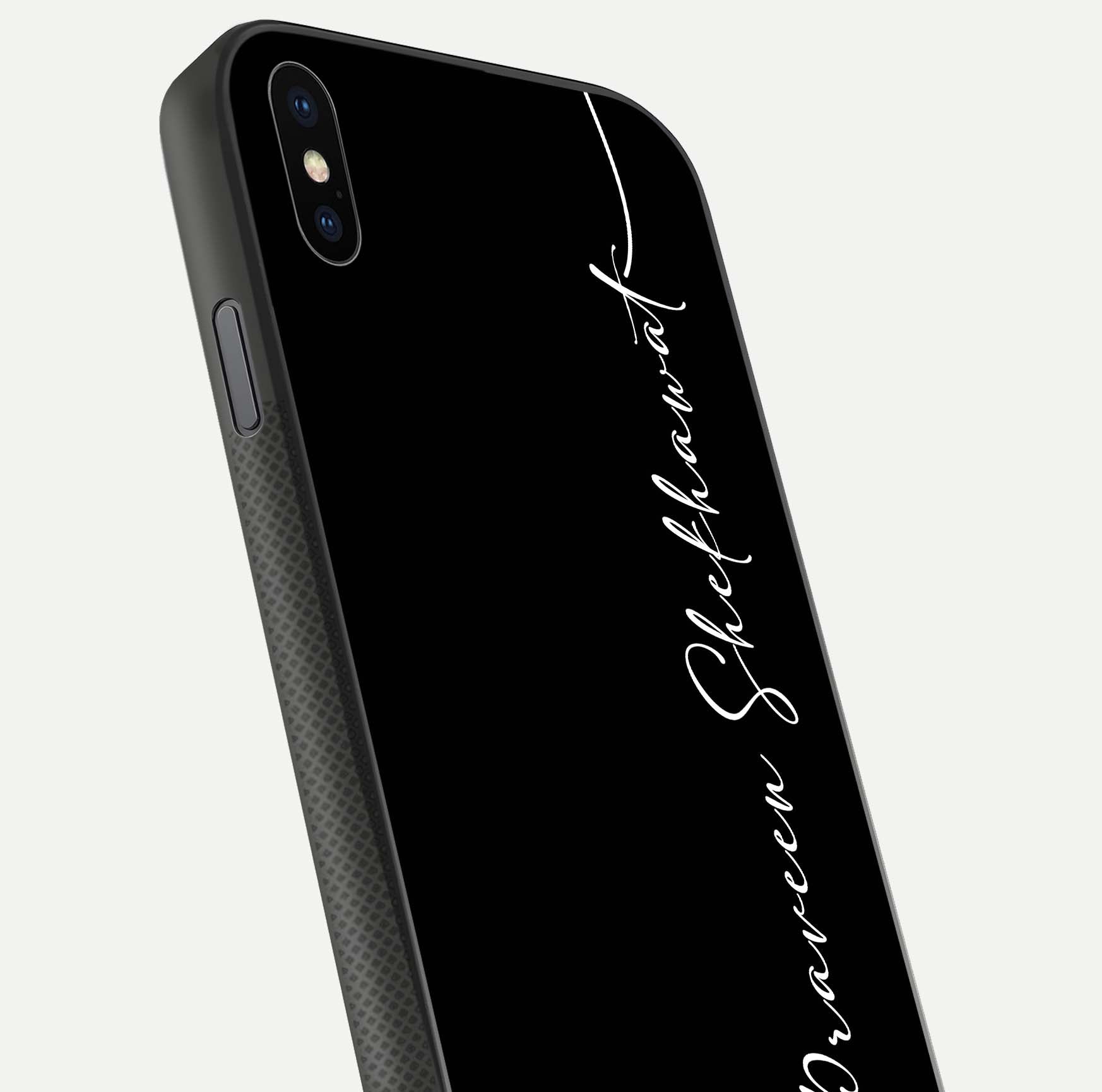 Black Tune Custom Name Glass Case for iPhone 16 Pro close-up shot highlighting sleek monochrome design and reflection