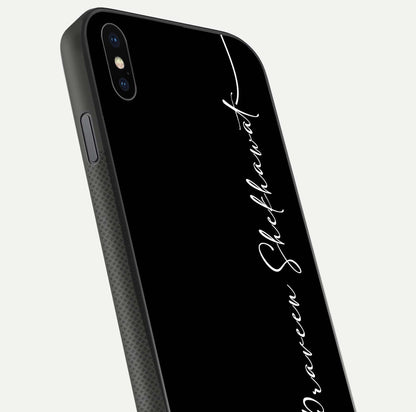 Black Tune Custom Name Glass Case for iPhone 16 Pro close-up shot highlighting sleek monochrome design and reflection
