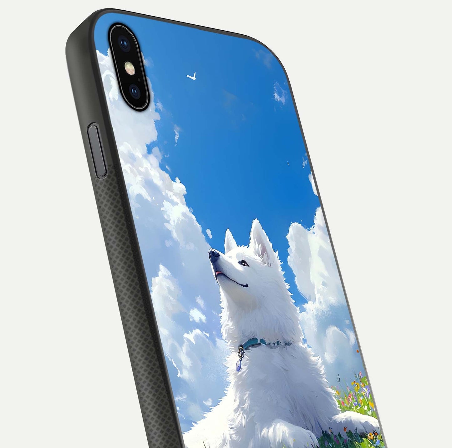 Blissful Cloud Pup Glass Case for iPhone Xs close-up image highlighting puppy details and glossy reflection