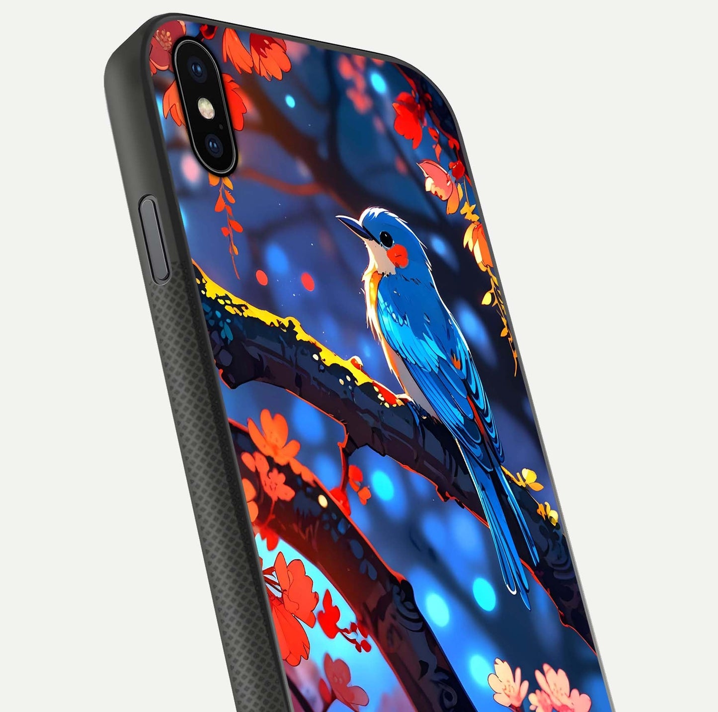 Blooming Spendor Bird Glass Case for iPhone Xs close-up shot highlighting bird design details and glossy shine