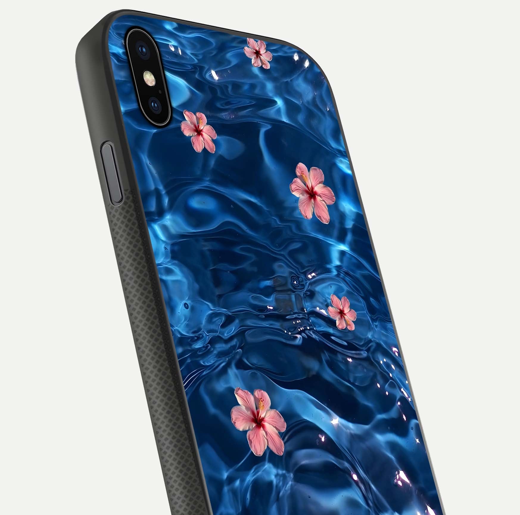 Blooming Water Drift Glass Case for iPhone Xs close-up angle showing petal details, soft aqua tones, and smooth gloss reflection