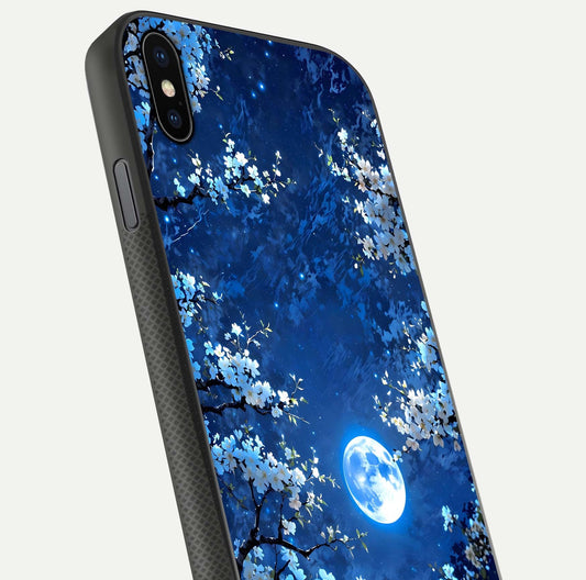 Blossom Moonlight Sky Glass Case for iPhone Xs close-up angle capturing moon glow and flower detail reflections