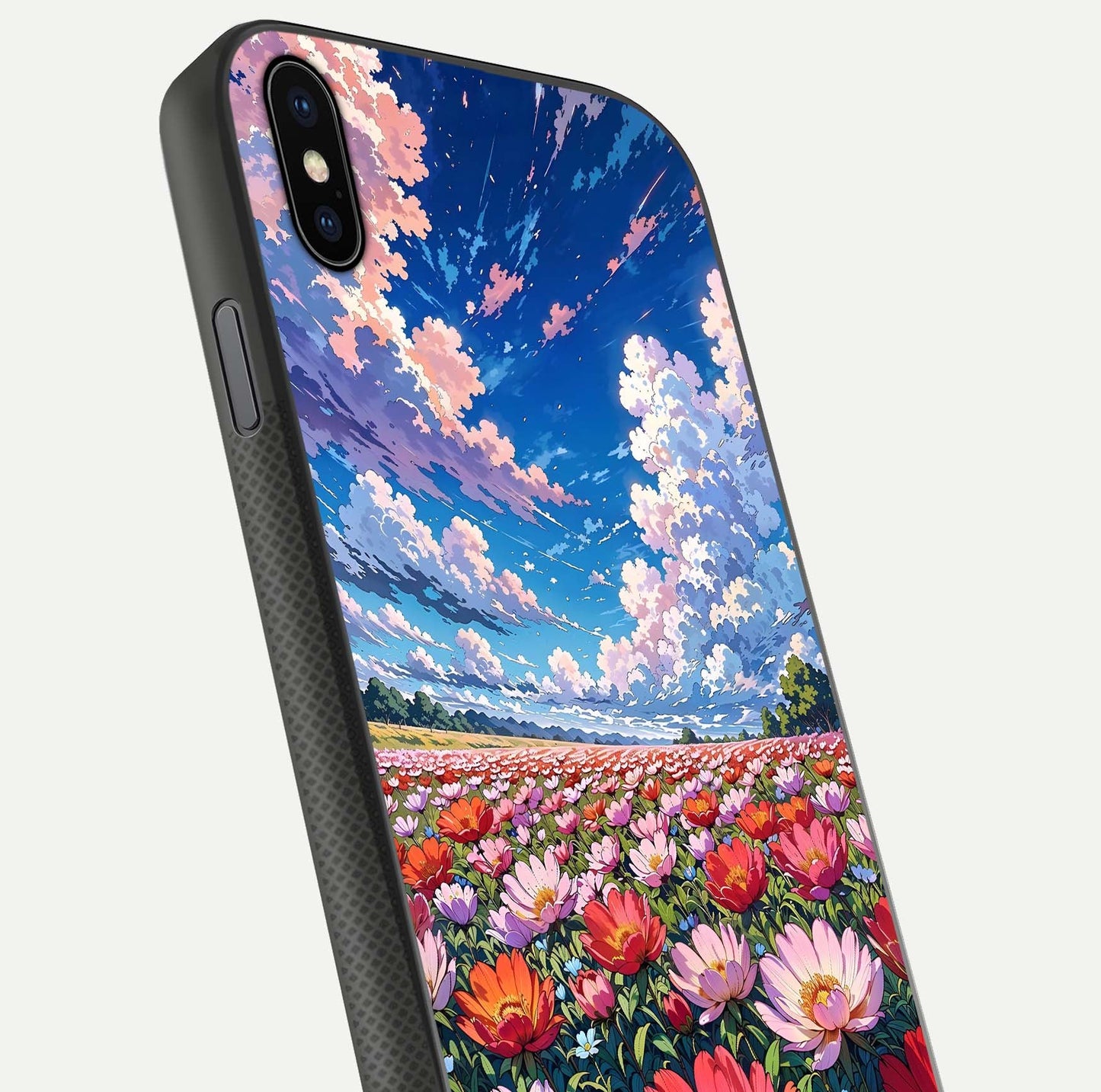 Blossom Sky Field Glass Case for iPhone Xs close-up image showing petal patterns and subtle sky gradient