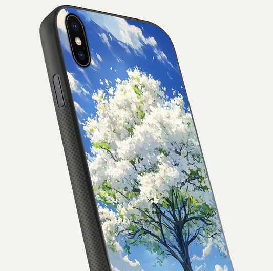 Blossom Sky Serenity Glass Case for iPhone Xs close-up highlighting calming flower details and reflection gloss