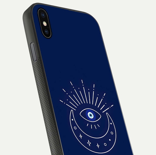 Blue Evil Eye Glass Case for iPhone Xs close-up shot highlighting eye motif, protection symbol, and glass shine
