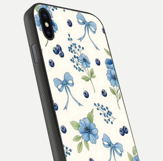 Blue Flower & Bow Glass Case for iPhone Xs close-up shot highlighting ribbon detail and flower gloss finish