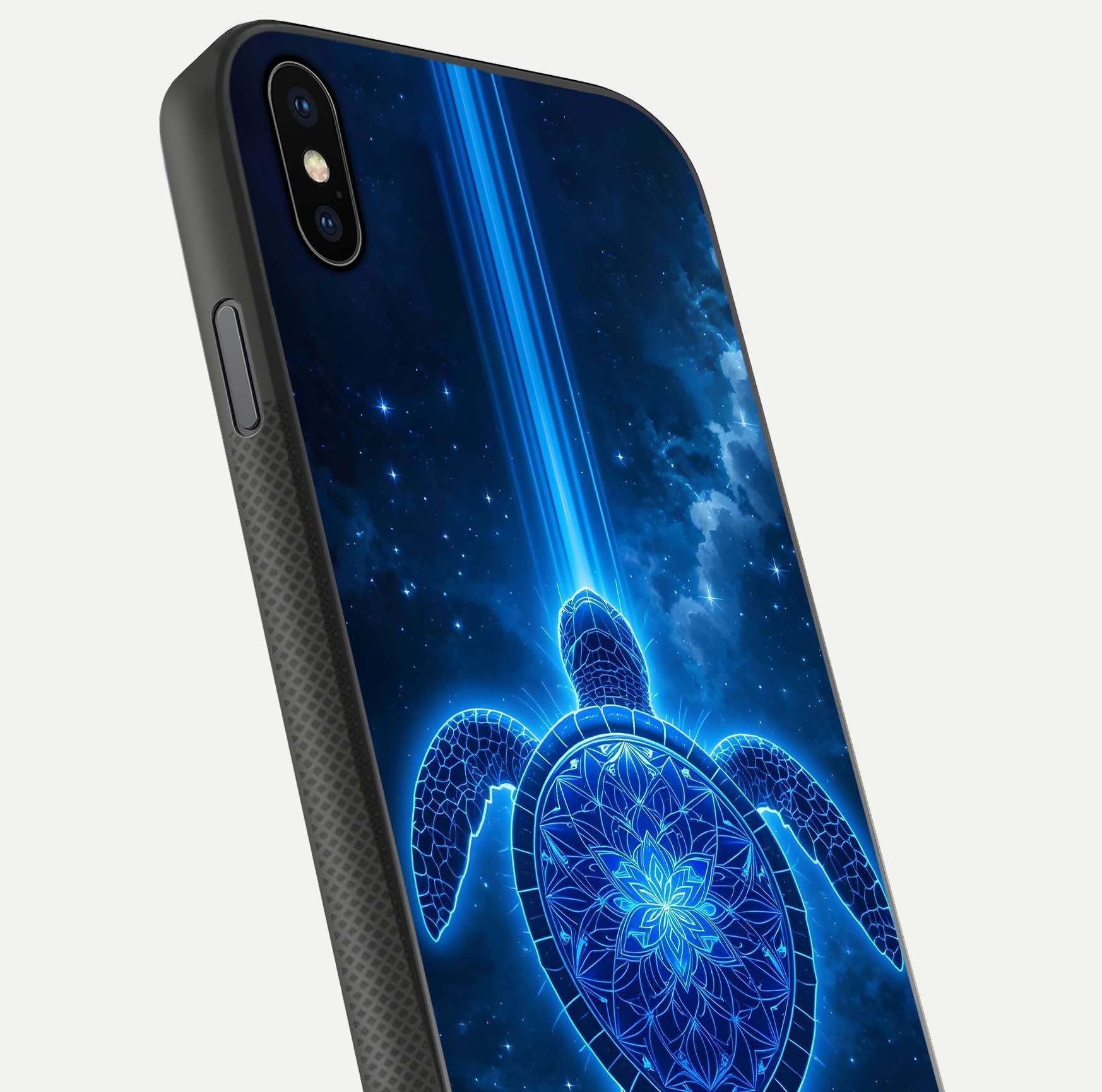 Blue Galaxy Turtle Glass Case for iPhone Xs close-up image showing turtle shell detail and glowing galaxy tones