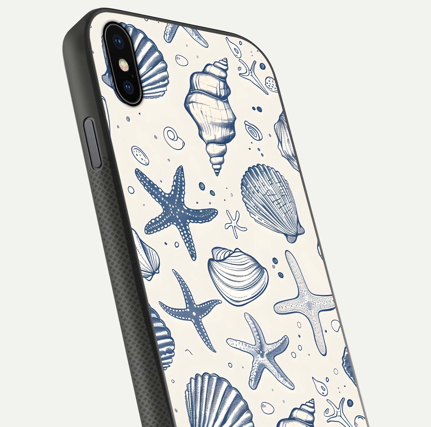 Blue Ocean Outline Glass Case for iPhone Xs close-up shot highlighting line art details and reflection texture