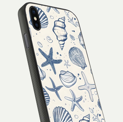 Blue Ocean Outline Glass Case for iPhone Xs close-up shot highlighting line art details and reflection texture