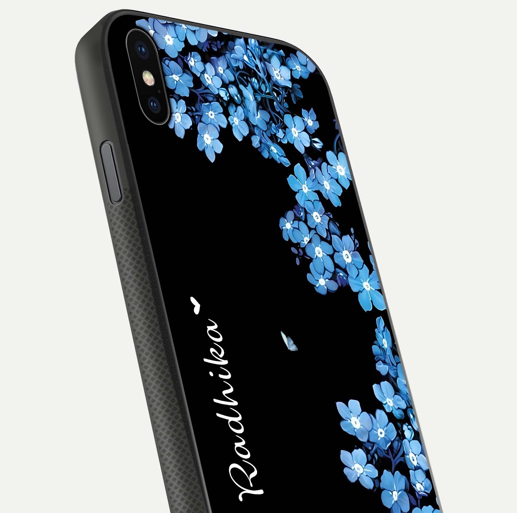Blue Petal Dream Custom Name Glass Case for iPhone Xs close-up highlighting petal texture and gloss reflection