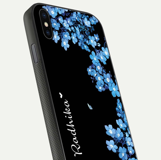 Blue Petal Dream Custom Name Glass Case for iPhone Xs close-up highlighting petal texture and gloss reflection