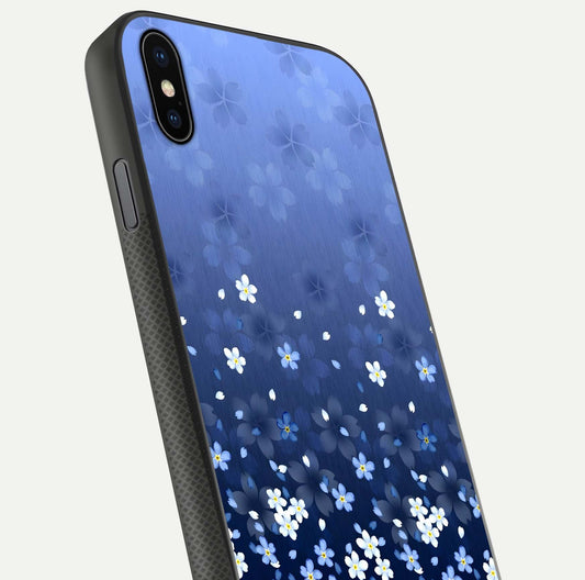 Blue Starry Glass Case for iPhone Xs close-up image highlighting sparkle details and midnight blue gradient