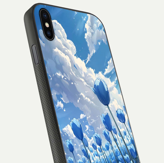 Blue Tulip Clouds Glass Case for iPhone Xs close-up image highlighting tulip petals, clouds, and reflection texture