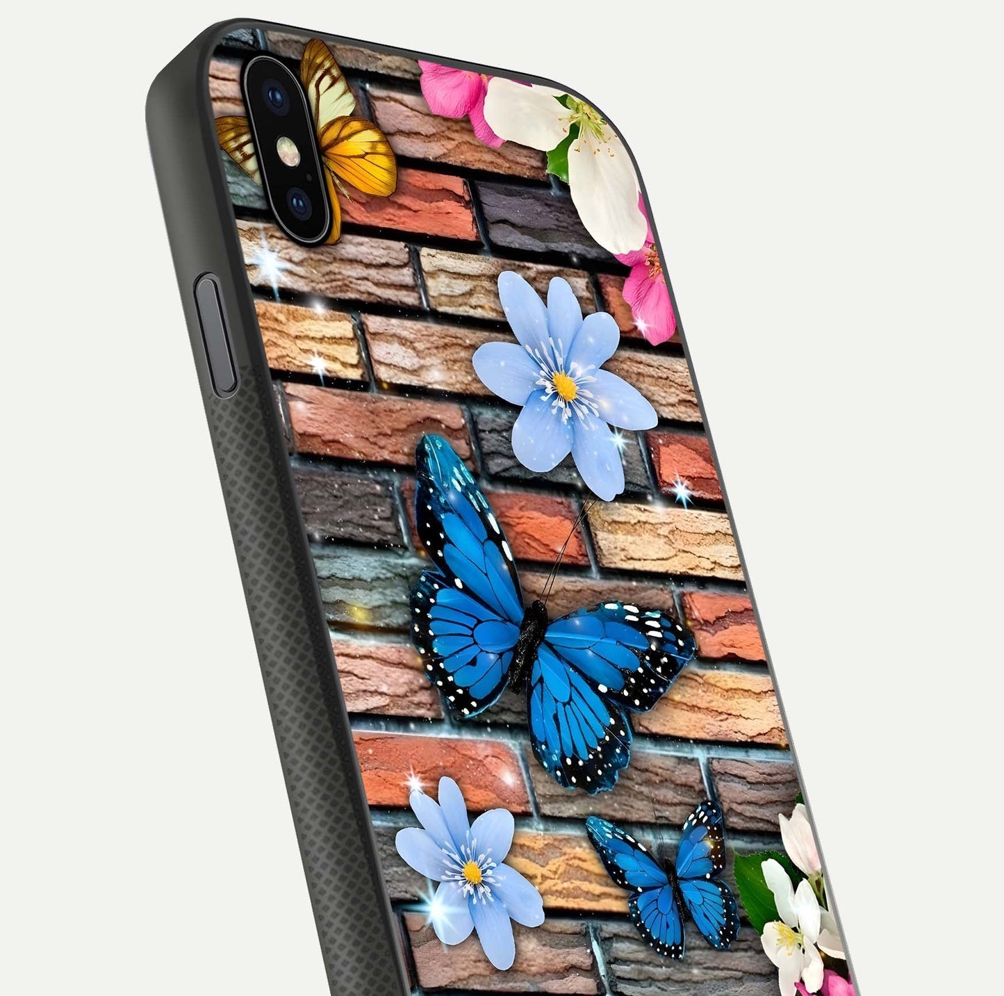 Brick Bloom Flight Glass Case for iPhone Xs close-up angle highlighting flower clusters and reflection detail