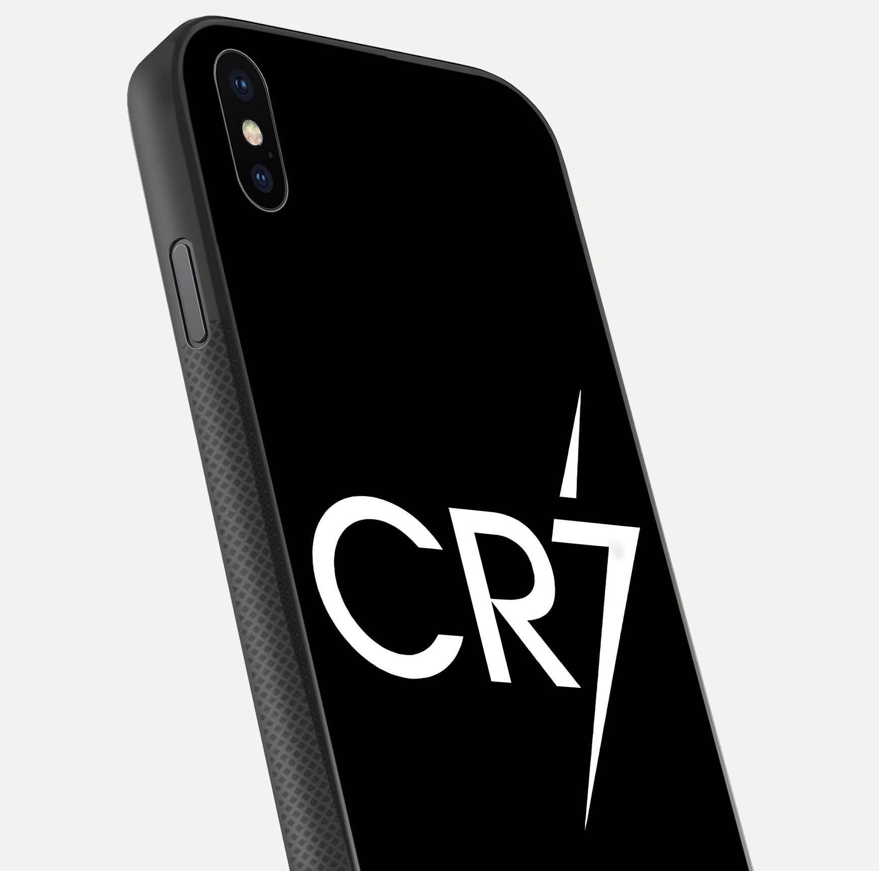 CR7 Elite Strike Glass Case for iPhone Xs close-up highlighting CR7 artwork and shine reflection
