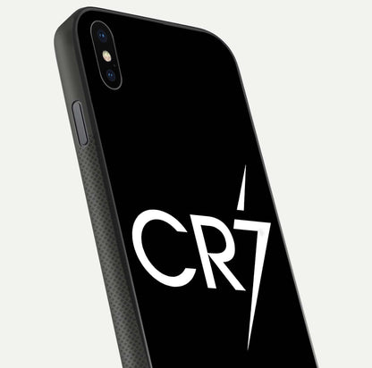 CR7 Elite Strike Glass Case for iPhone Xs close-up highlighting CR7 artwork and shine reflection