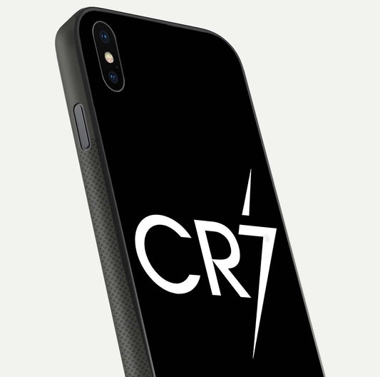 CR7 Elite Strike Glass Case for iPhone Xs close-up highlighting CR7 artwork and shine reflection