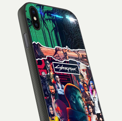 CYBERPUNK Legacy Glass Case for iPhone Xs close-up highlighting circuit texture and reflection tone