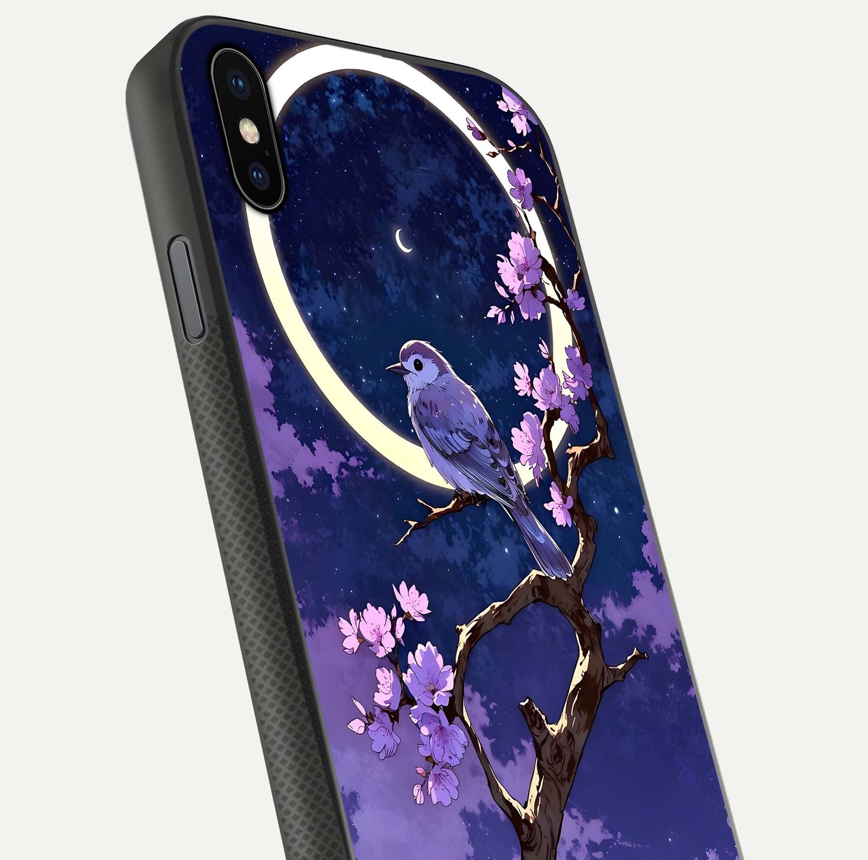 Celestial Bird Blossom Glass Case for iPhone Xs close-up capturing bird detail, petal reflection, and gloss shine