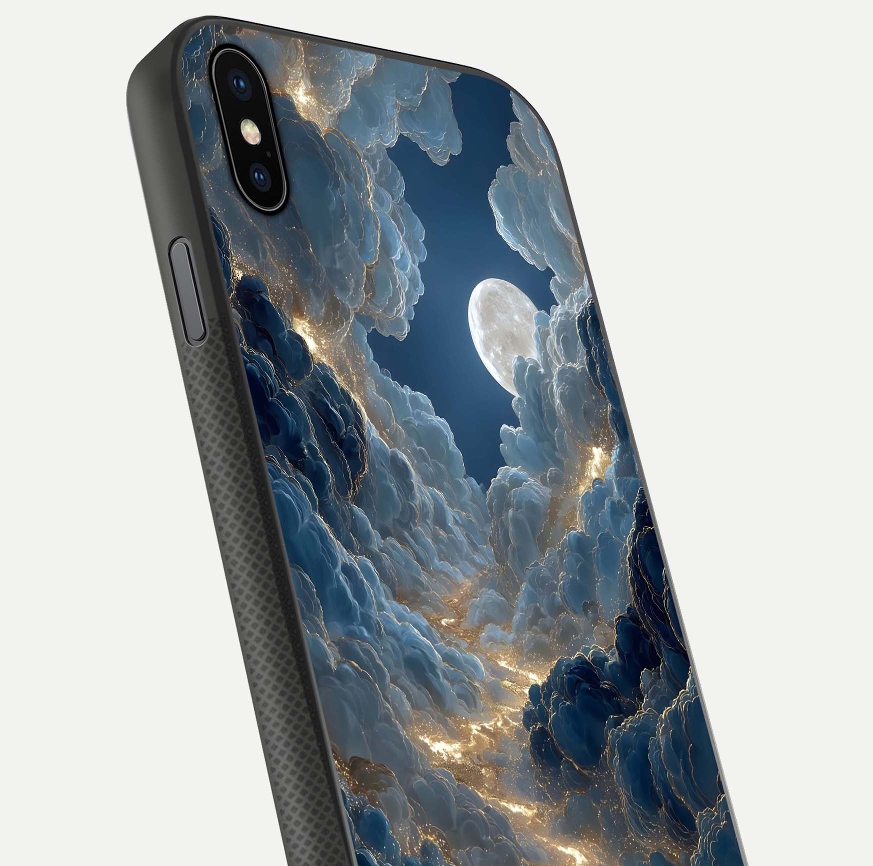 Celestial Cloud Road Glass Case for iPhone Xs close-up view showing road gradient and cloud reflection shine