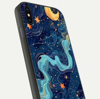 Celestial Dream Flow Glass Case for iPhone Xs close-up highlighting star reflections and smooth glow gradient