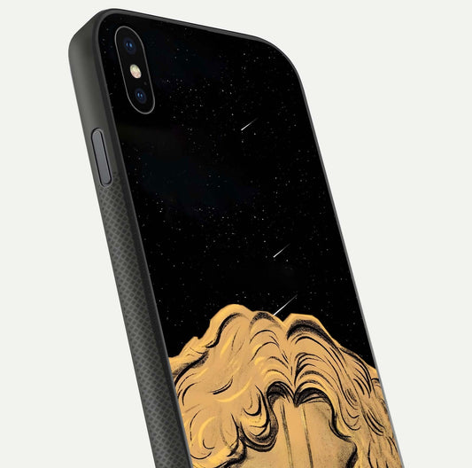 Celestial God’s Plan Glass Case for iPhone Xs close-up angled shot highlighting celestial details and reflection