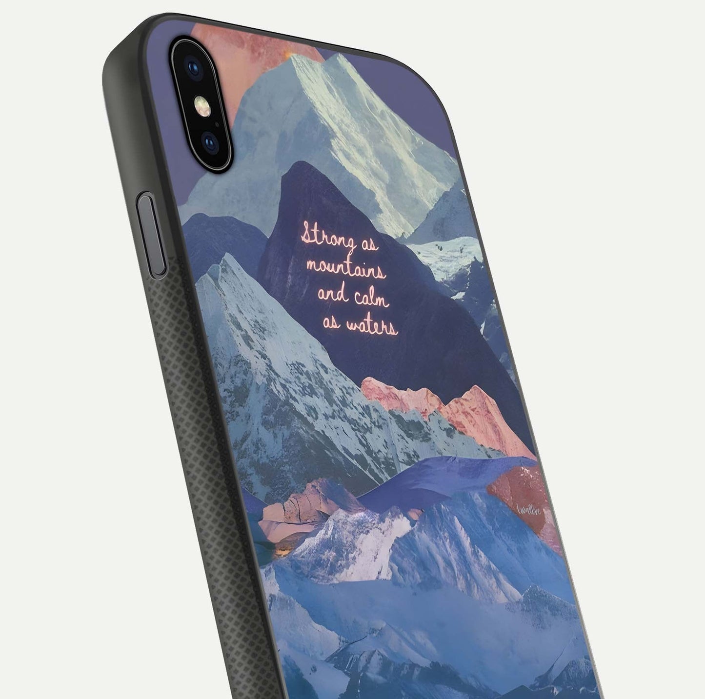 Celestial Mountain Calm Glass Case for iPhone Xs close-up showing peak reflection and HD gloss texture