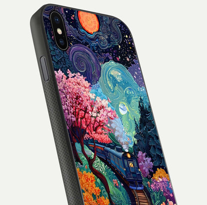 Celestial Train Journey Glass Case for iPhone Xs close-up highlighting train lights, cosmic tones, and reflection detail