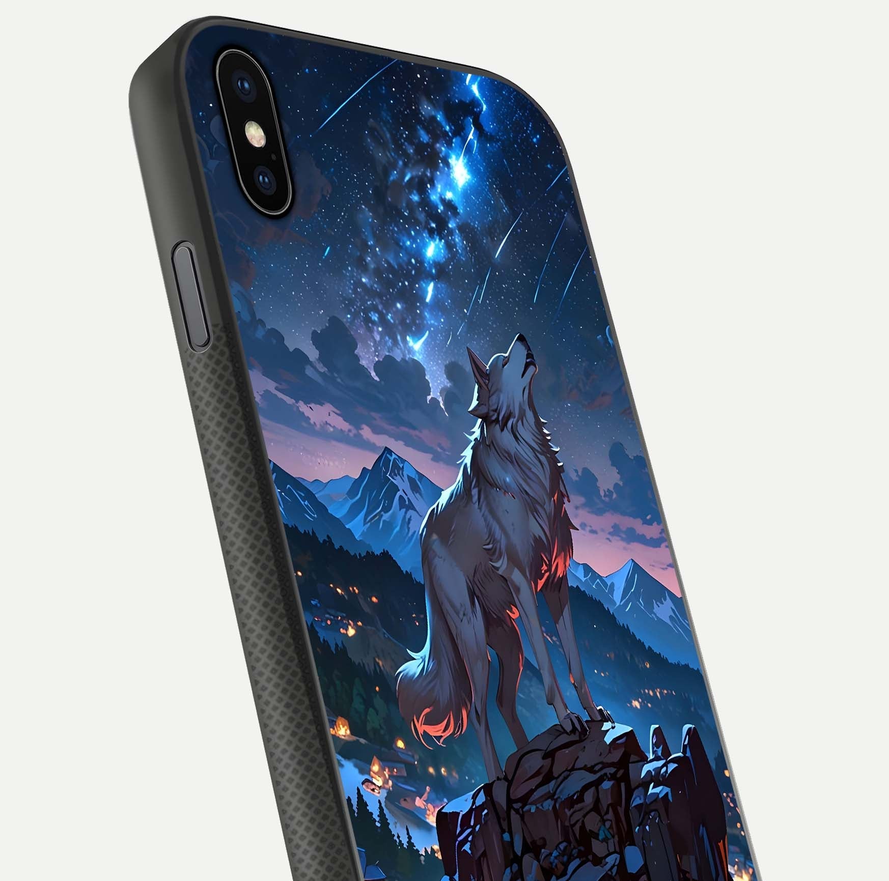 Celestial Wolf Howl Glass Case for iPhone Xs close-up showing wolf silhouette and glowing moon reflection