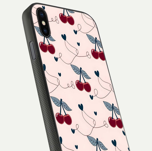 Cherry Heart Line Glass Case for iPhone Xs close-up showing heart outline and HD reflection gloss