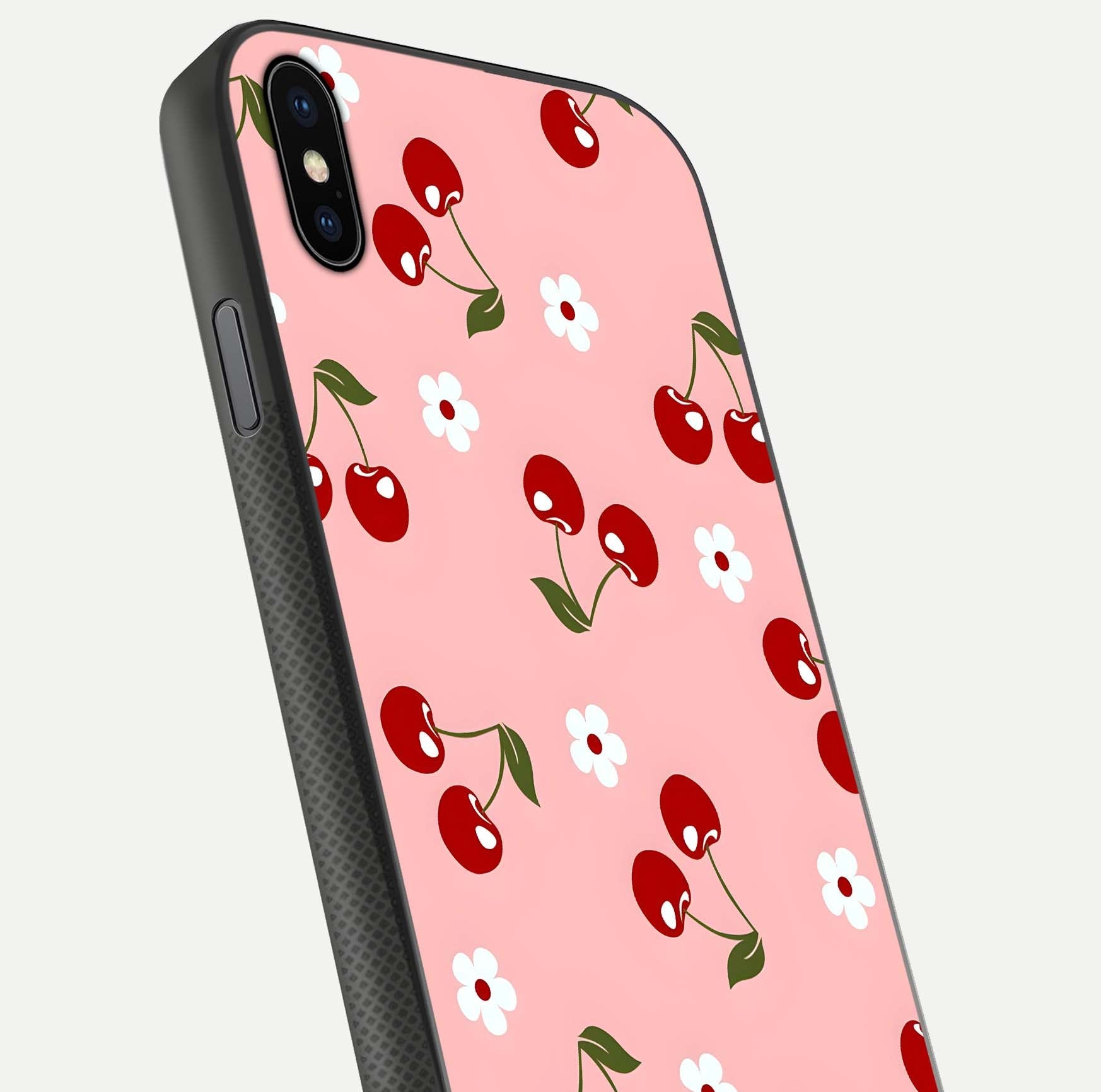 Cherry Love Mood Glass Case for iPhone Xs close-up highlighting cherry heart pattern and reflection shine