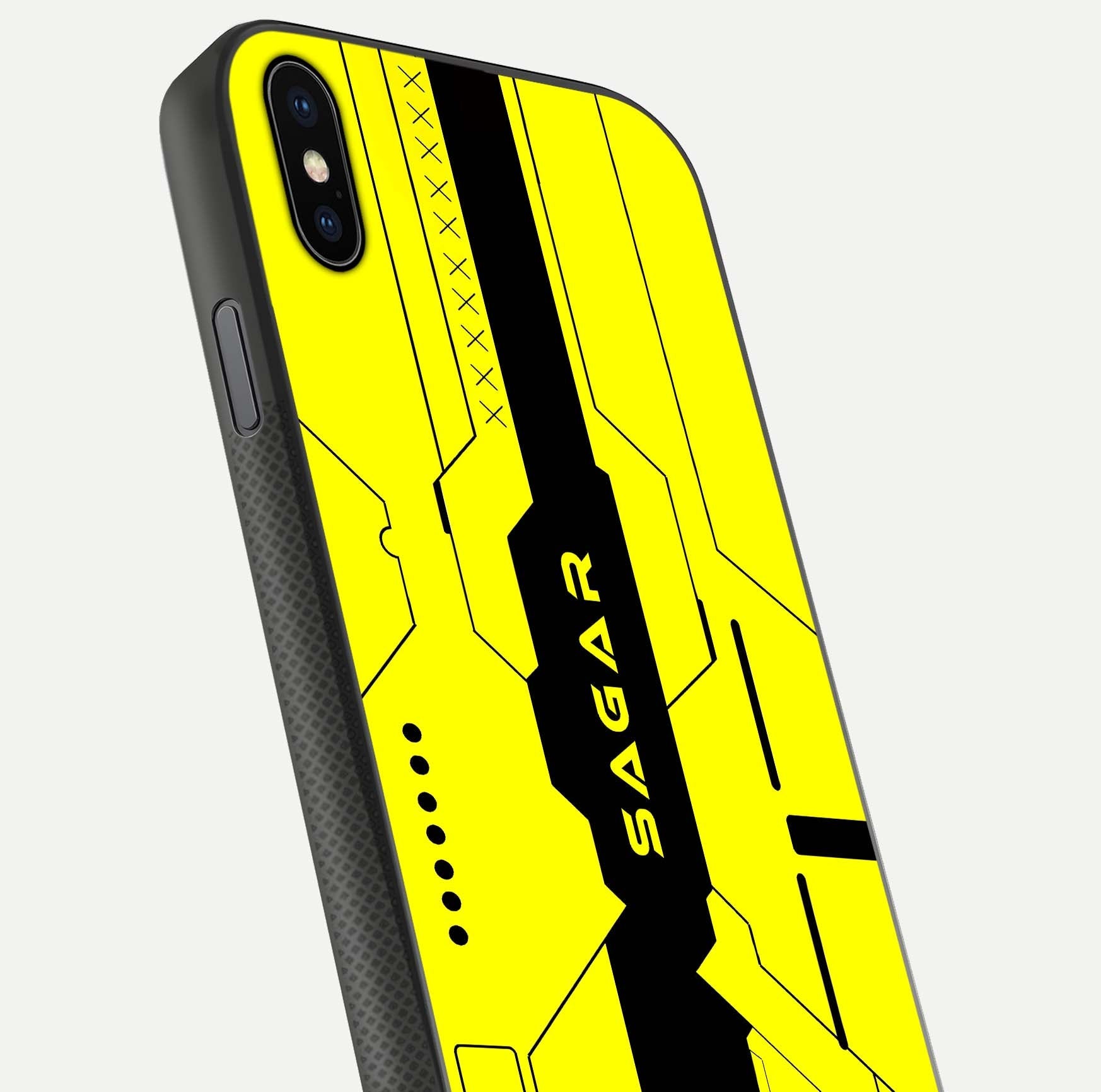 Circuit CYBERPUNK Custom Name Glass Case for iPhone Xs close-up highlighting neon lines, futuristic tones, and gloss reflection