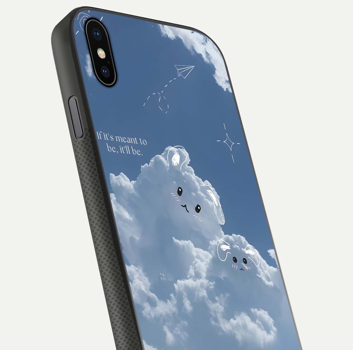 Cloud Bunny Dreams Glass Case for iPhone Xs close-up showing bunny art, dreamy clouds, and HD shine