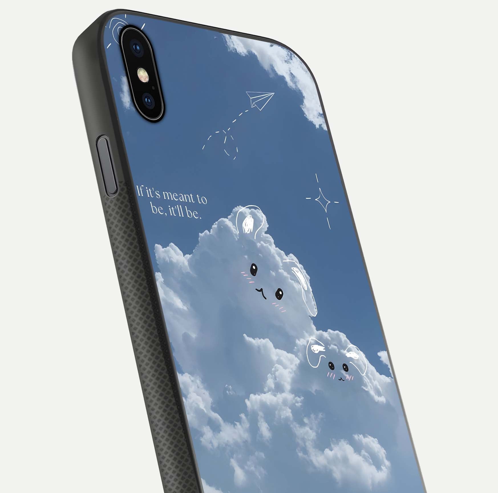Cloud Bunny Dreams Glass Case for iPhone Xs close-up showing bunny art, dreamy clouds, and HD shine