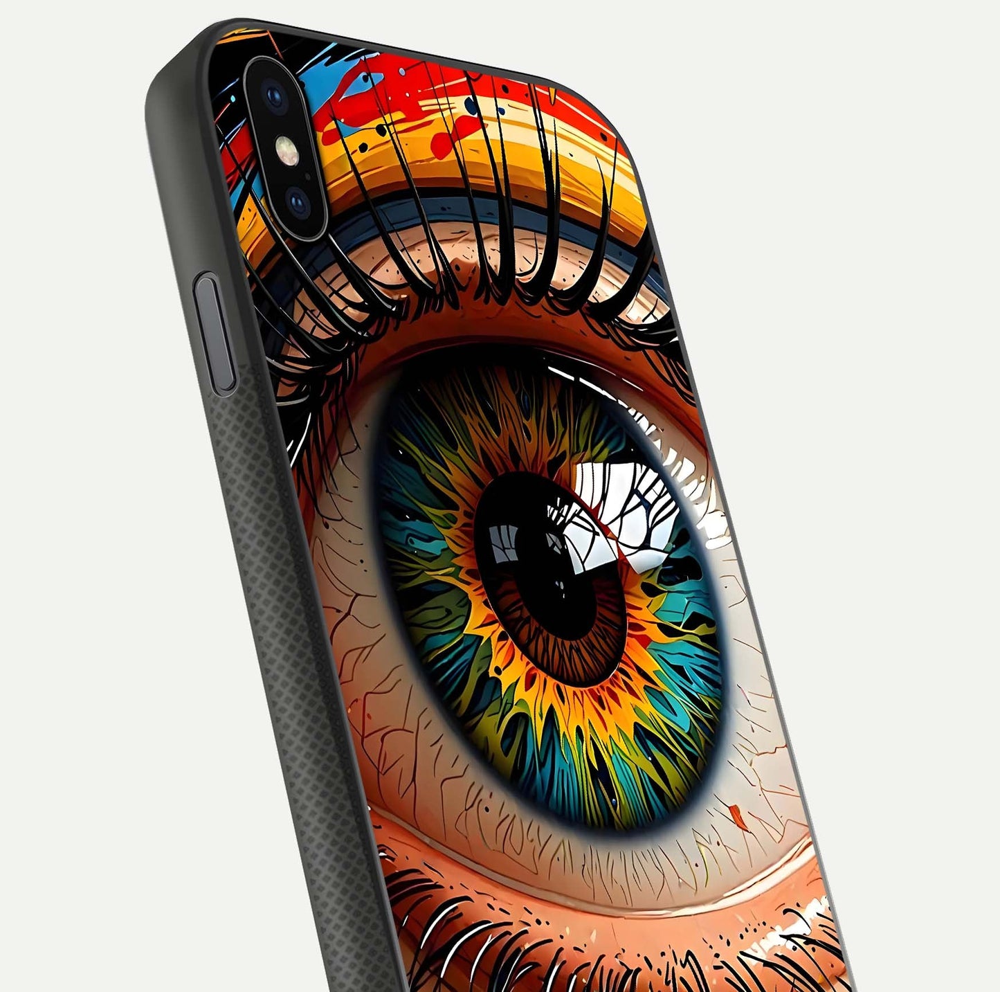 Colorful Eye Glass Case for iPhone Xs close-up highlighting eye pattern detail and reflection shine