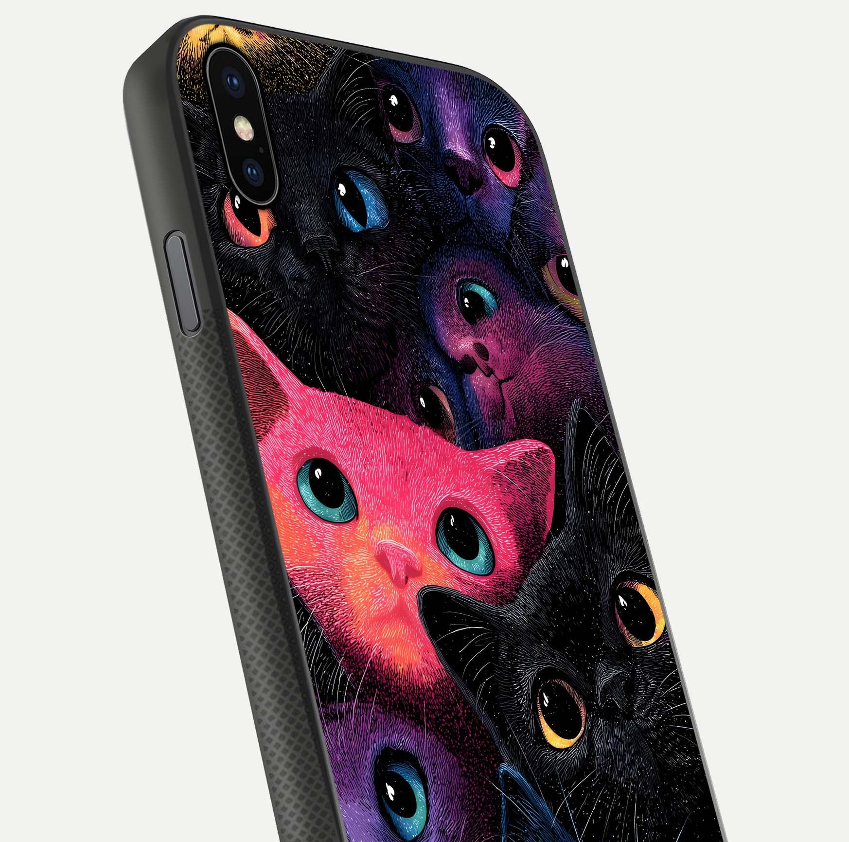 Cosmic Cats Dreams Glass Case for iPhone Xs close-up highlighting cats and cosmic glow reflection