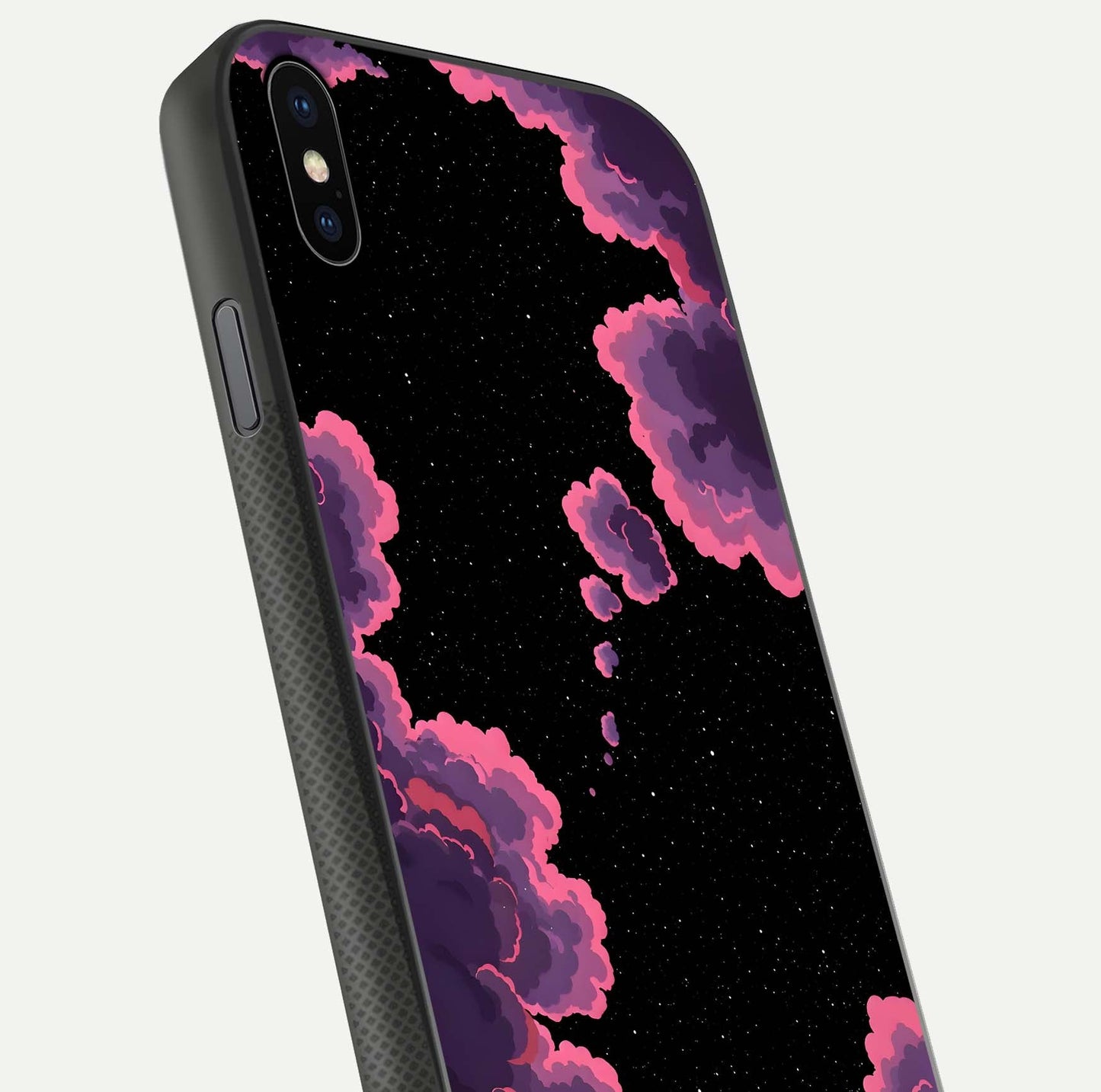 Cosmic Cloud Journey Glass Case for iPhone Xs close-up highlighting star clusters and reflection texture