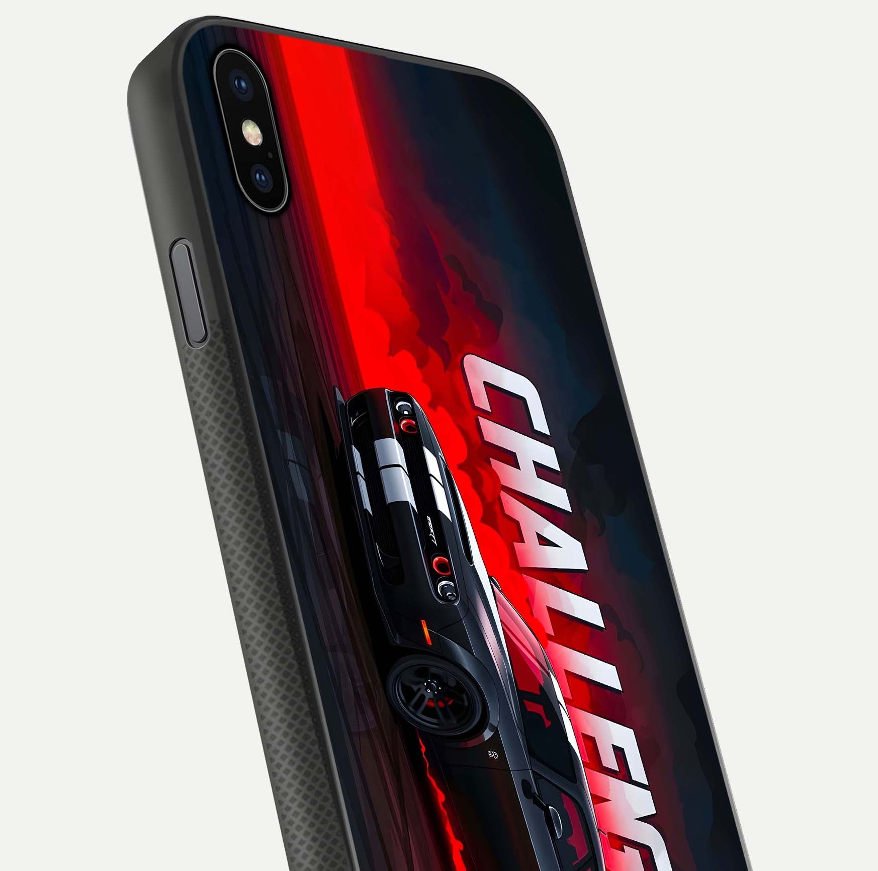 Crimson Challenger Fury Glass Case for iPhone Xs close-up highlighting car details and reflection depth