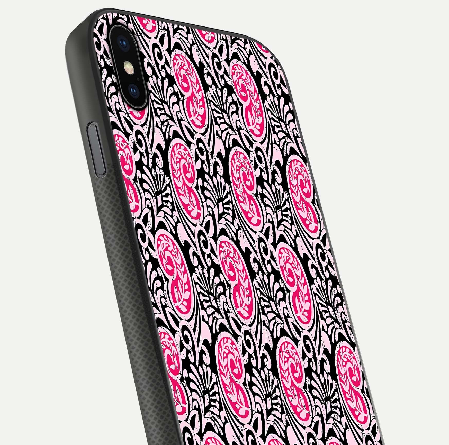 Crimson Paisley Charm Glass Case for iPhone Xs close-up highlighting fine pattern detail and reflection tone