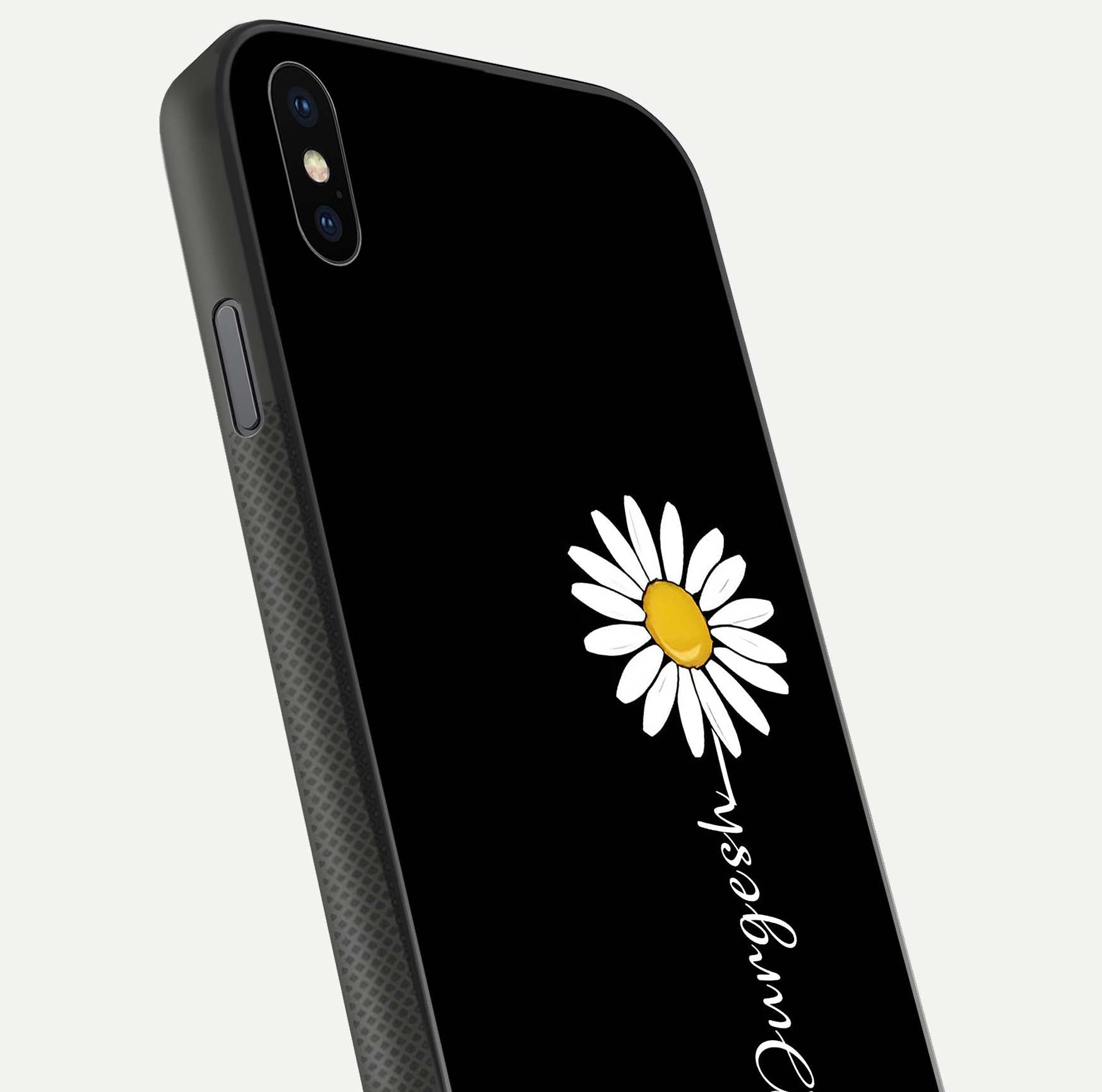 Custom Name White Flower Glass Case for iPhone Xs close-up highlighting petals, name print, and reflection polish