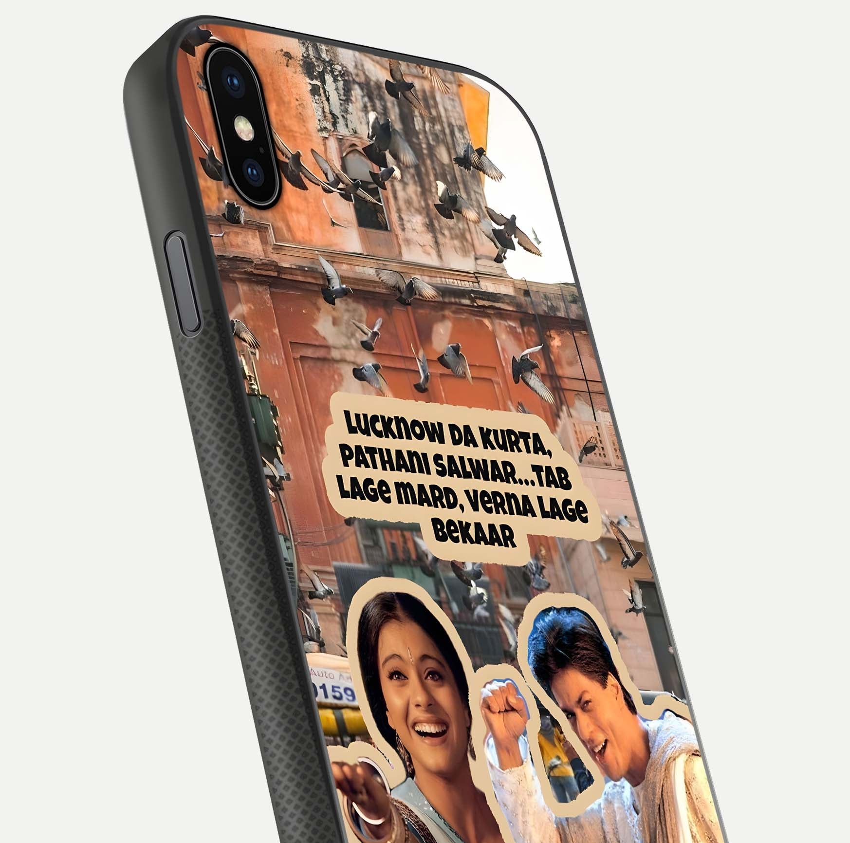 Desi Retro Vibes Glass Case for iPhone Xs close-up highlighting retro color palette and reflection glow